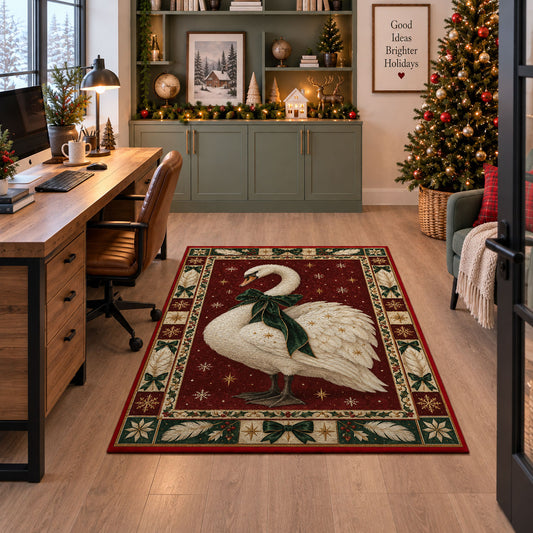 Swan with Velvet Bow Christmas area rug in a home office beside a desk