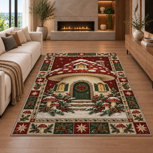 Mushroom Cottage in Snow Christmas area rug in a living room with a fireplace