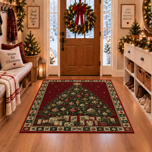 Christmas Tree with Gift Boxes Christmas area rug in a Christmas-decorated entryway