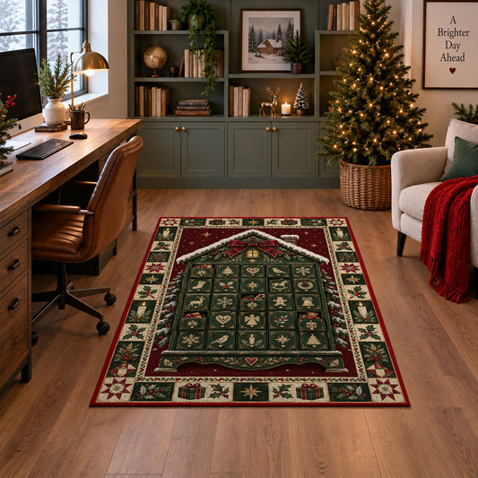 Advent Calendar House Christmas area rug in a home office with a Christmas tree