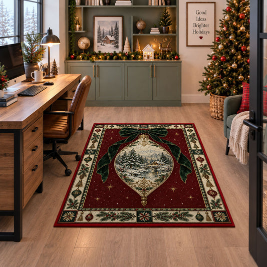 Winter Scene Ornament Christmas area rug in a home office beside a desk