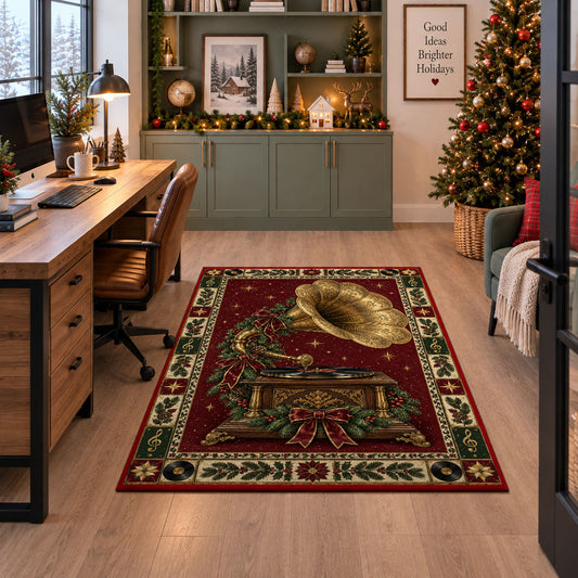 Vintage Phonograph with Wreath Christmas area rug in a home office beside a desk