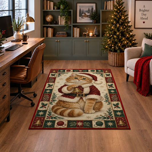 Ginger Cat in Santa Coat Christmas area rug in a home office with a Christmas tree