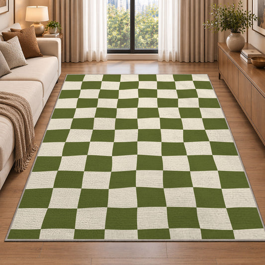 Sage Green Checkerboard area rug in a living room beside a sofa