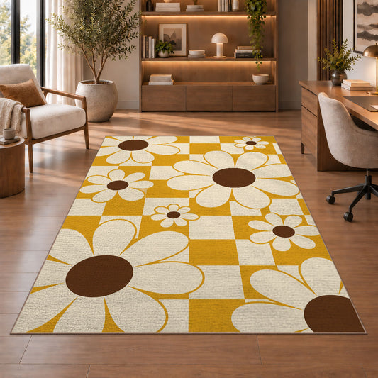 Retro Daisy Checker area rug in a study with an armchair and bookshelves