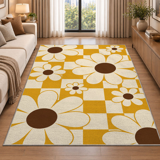 Retro Daisy Checker area rug in a living room beside a sofa