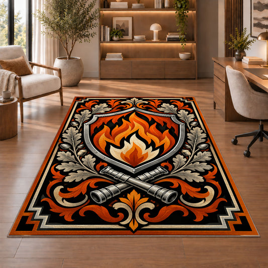 Flame Shield Crest firefighter rug in a study with an armchair and bookshelves