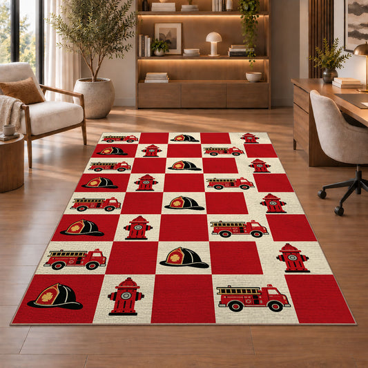 Fire Truck and Hydrant Checkerboard firefighter rug in a study with an armchair and bookshelves