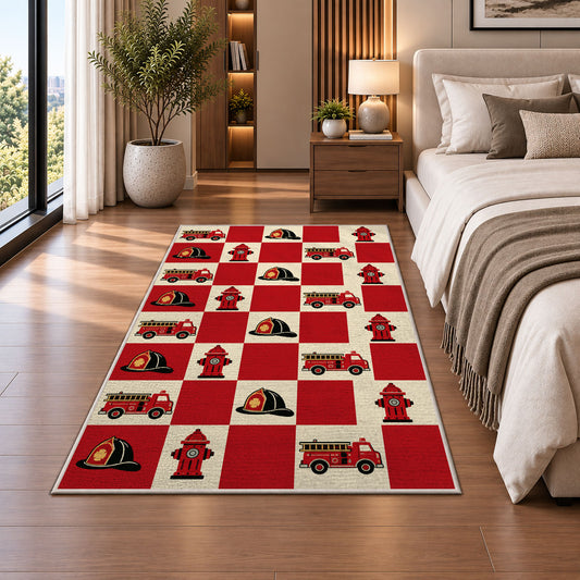 Fire Truck and Hydrant Checkerboard firefighter rug in a bedroom beside the bed