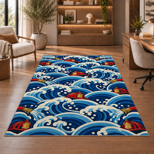 Great Wave with Fire Helmets firefighter rug in a study with an armchair and bookshelves