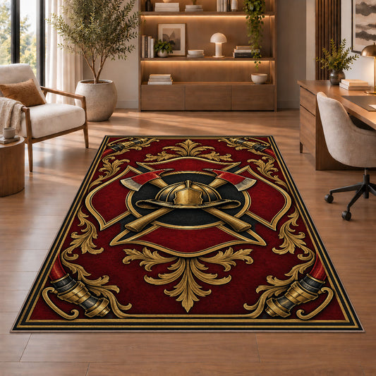 Gold Fire Helmet Crest firefighter rug in a study with an armchair and bookshelves