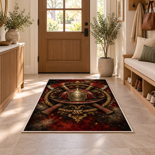 Ember Helmet and Axes Crest firefighter rug in an entryway