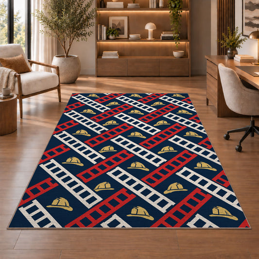 Fire Ladder Pattern firefighter rug in a study with an armchair and bookshelves