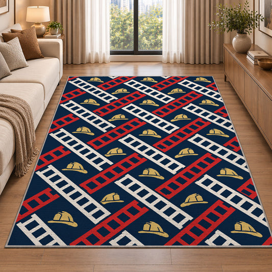 Fire Ladder Pattern firefighter rug in a living room beside a sofa