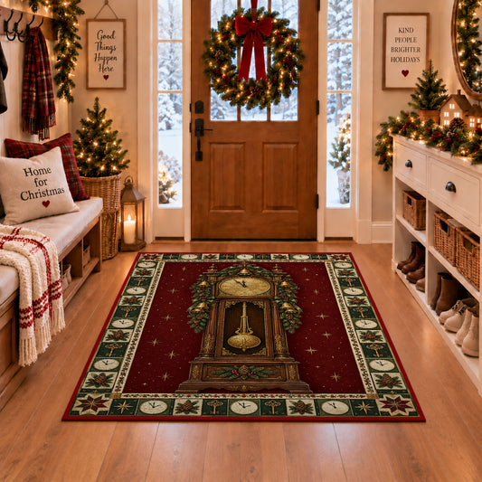Grandfather Clock with Garland Christmas area rug in a Christmas-decorated entryway