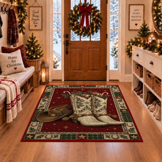 Western Cowboy Boots and Hat Christmas area rug in a Christmas-decorated entryway
