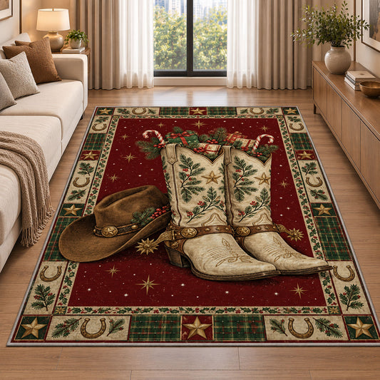 Western Cowboy Boots and Hat Christmas area rug in a living room beside a sofa