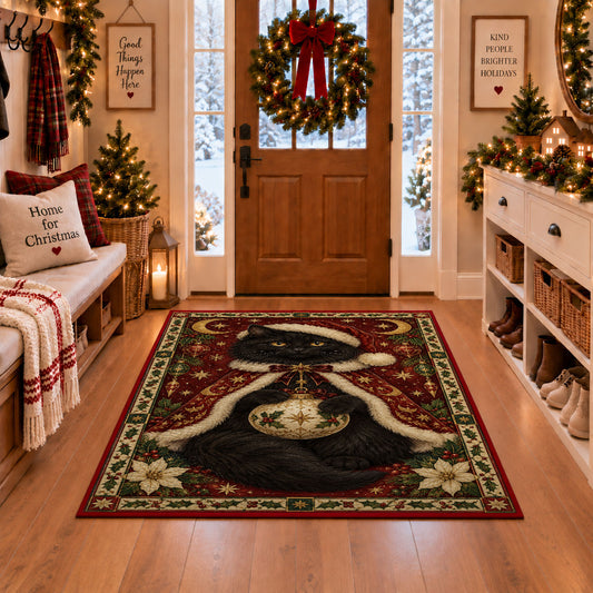 Black Cat in Starry Cape Christmas area rug in a Christmas-decorated entryway