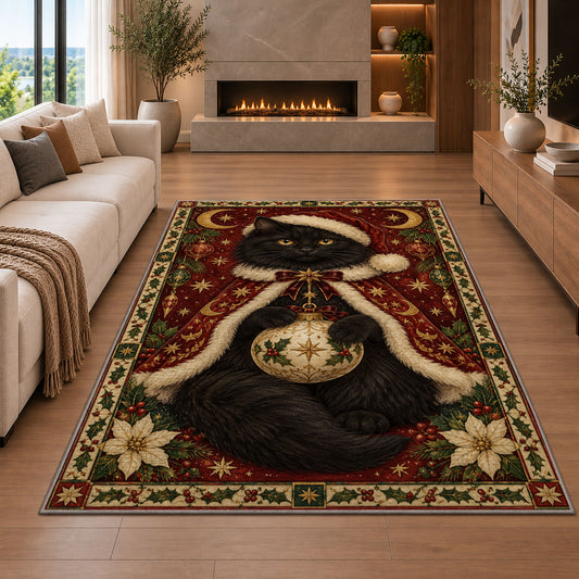 Black Cat in Starry Cape Christmas area rug in a living room with a fireplace