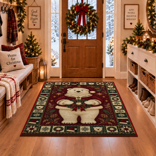 Polar Bear in Santa Coat Christmas area rug in a Christmas-decorated entryway