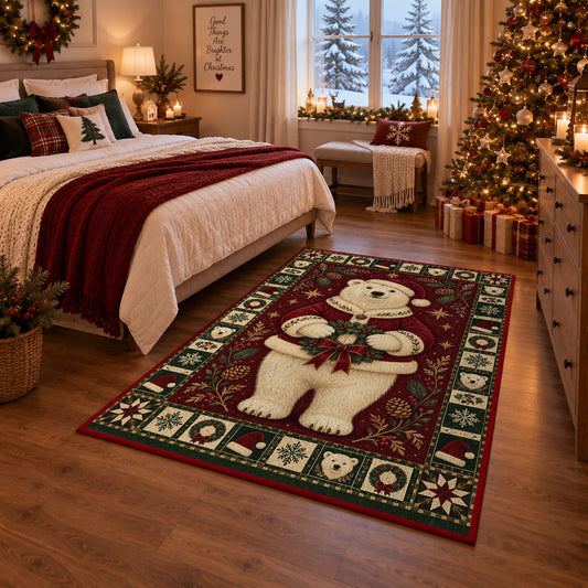 Polar Bear in Santa Coat Christmas area rug in a bedroom with festive decor