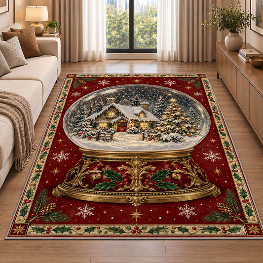 Gilded Snow Globe Christmas area rug in a living room beside a sofa