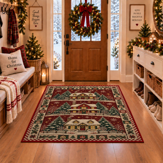 Snowy Cottage Village Christmas area rug in a Christmas-decorated entryway