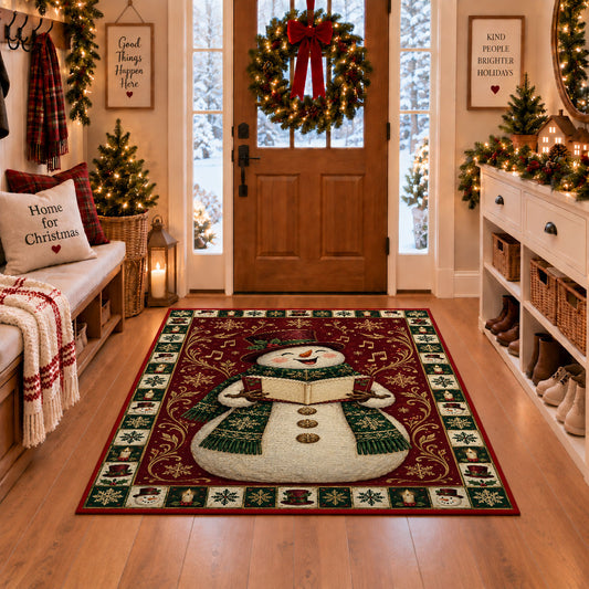 Caroling Snowman Christmas area rug in a Christmas-decorated entryway