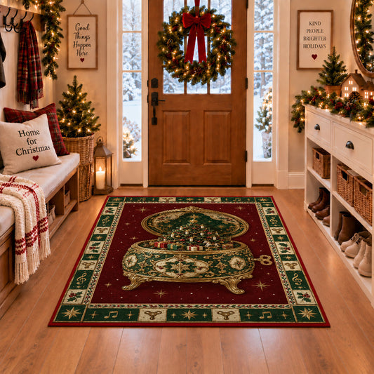 Ornate Music Box Christmas area rug in a Christmas-decorated entryway