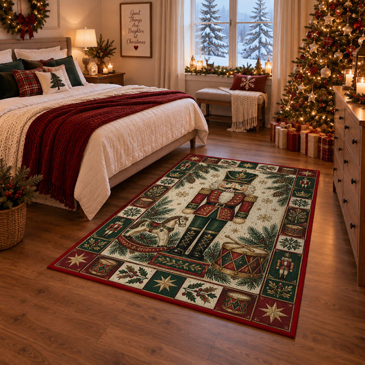Toy Soldier Nutcracker Christmas area rug in a bedroom with festive decor