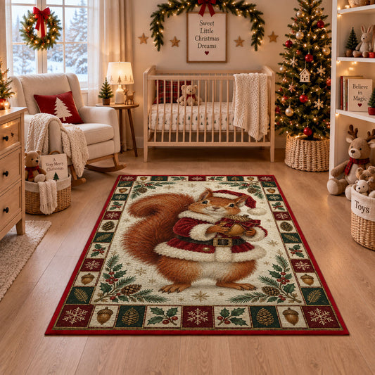 Squirrel in Santa Coat Christmas area rug in a nursery with a crib