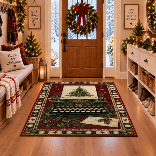 Vintage Typewriter with Holly Christmas area rug in a Christmas-decorated entryway