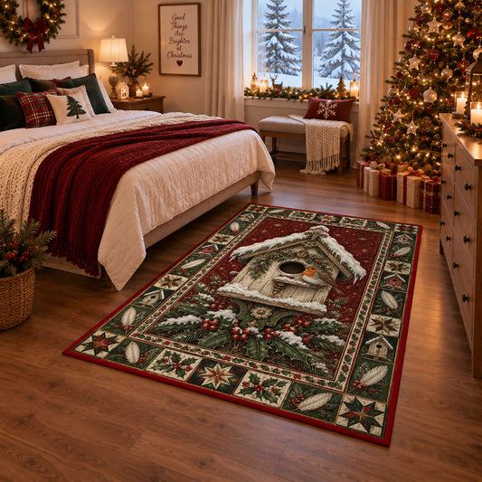 Robin Birdhouse in Snow Christmas area rug in a bedroom with festive decor