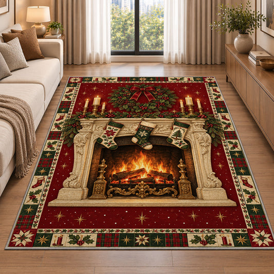 Cozy Fireplace with Stockings Christmas area rug in a living room beside a sofa