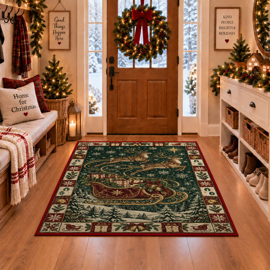 Santa Sleigh Over Snowy Forest Christmas area rug in a Christmas-decorated entryway