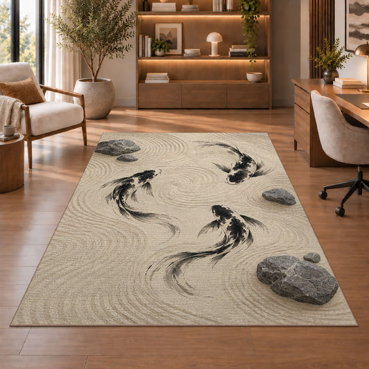 Zen Garden Koi koi fish rug in a study with an armchair and bookshelves