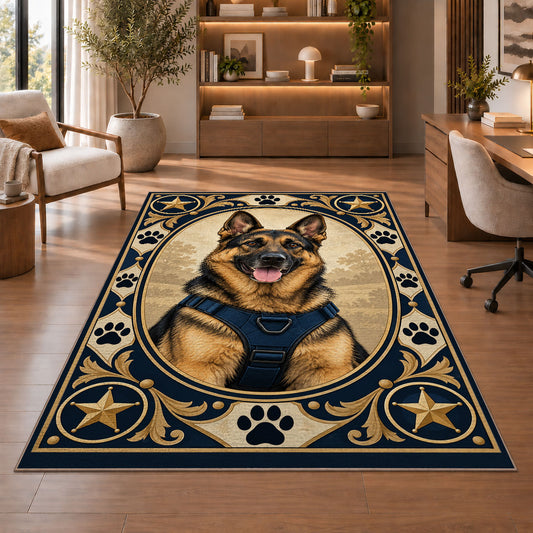 German Shepherd K9 Portrait police rug in a study with an armchair and bookshelves