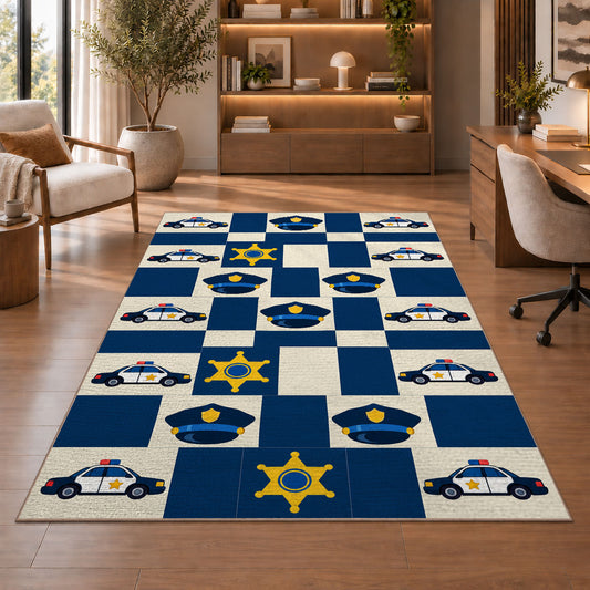 Police Icons Checkerboard police rug in a study with an armchair and bookshelves
