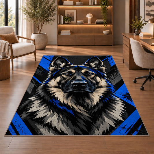 K9 Shepherd Graphic police rug in a study with an armchair and bookshelves