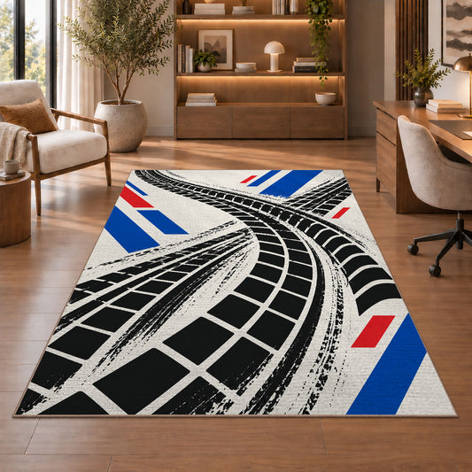 Tire Track Pattern police rug in a study with an armchair and bookshelves