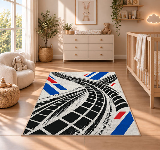 Tire Track Pattern police rug in a nursery beside a crib
