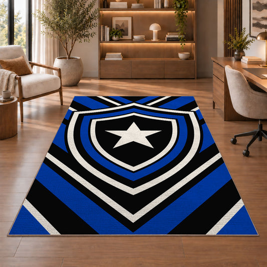 Blue Line Shield Star police rug in a study with an armchair and bookshelves