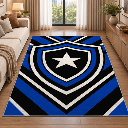 Blue Line Shield Star police rug in a living room beside a sofa