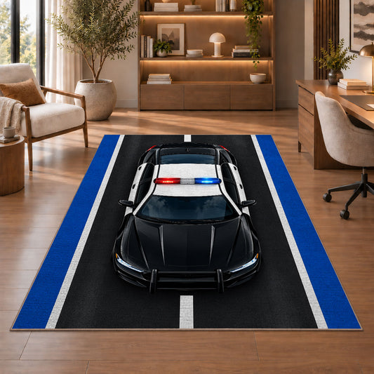 Police Car on the Road police rug in a study with an armchair and bookshelves