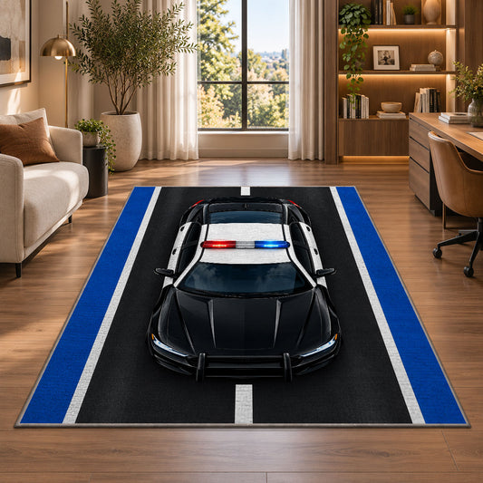 Police Car on the Road police rug in a home office beside a desk