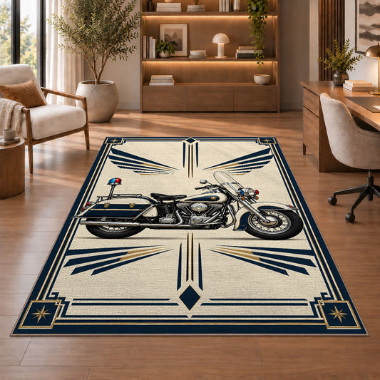Police Motorcycle Art Deco police rug in a study with an armchair and bookshelves