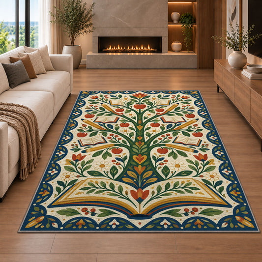 Tree of Books Folk Art area rug in a living room with a fireplace