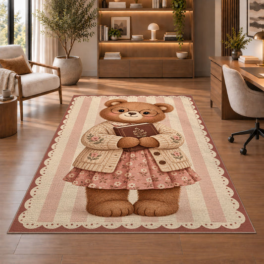 Teddy Bear Reading Book area rug in a study with an armchair and bookshelves