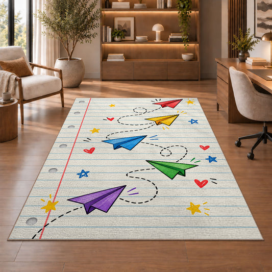 Paper Planes on Notebook Paper area rug in a study with an armchair and bookshelves