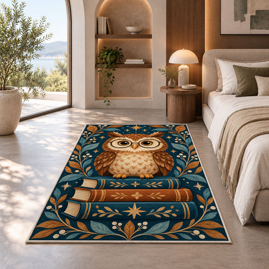 Owl on Stack of Books area rug in a bedroom with an arched window
